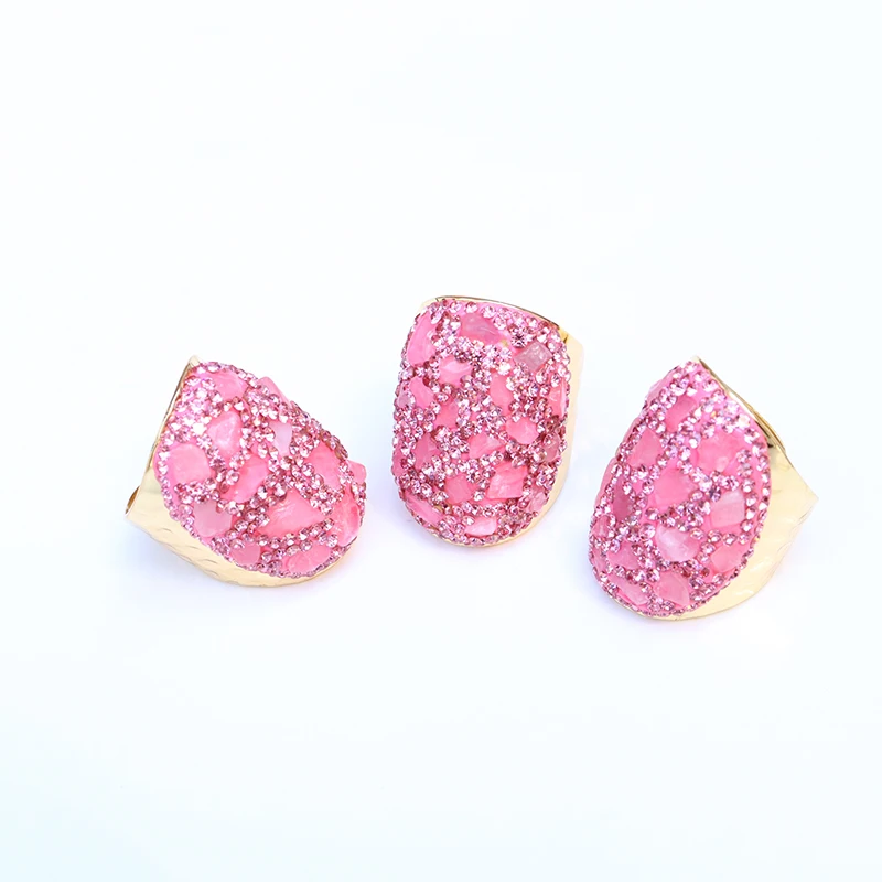 Irregular Rose Quartz Open Ring for Women Girls Gold-color Handmade Micro Inlay Pink Rhinestone Party Wedding Gifts Jewelry