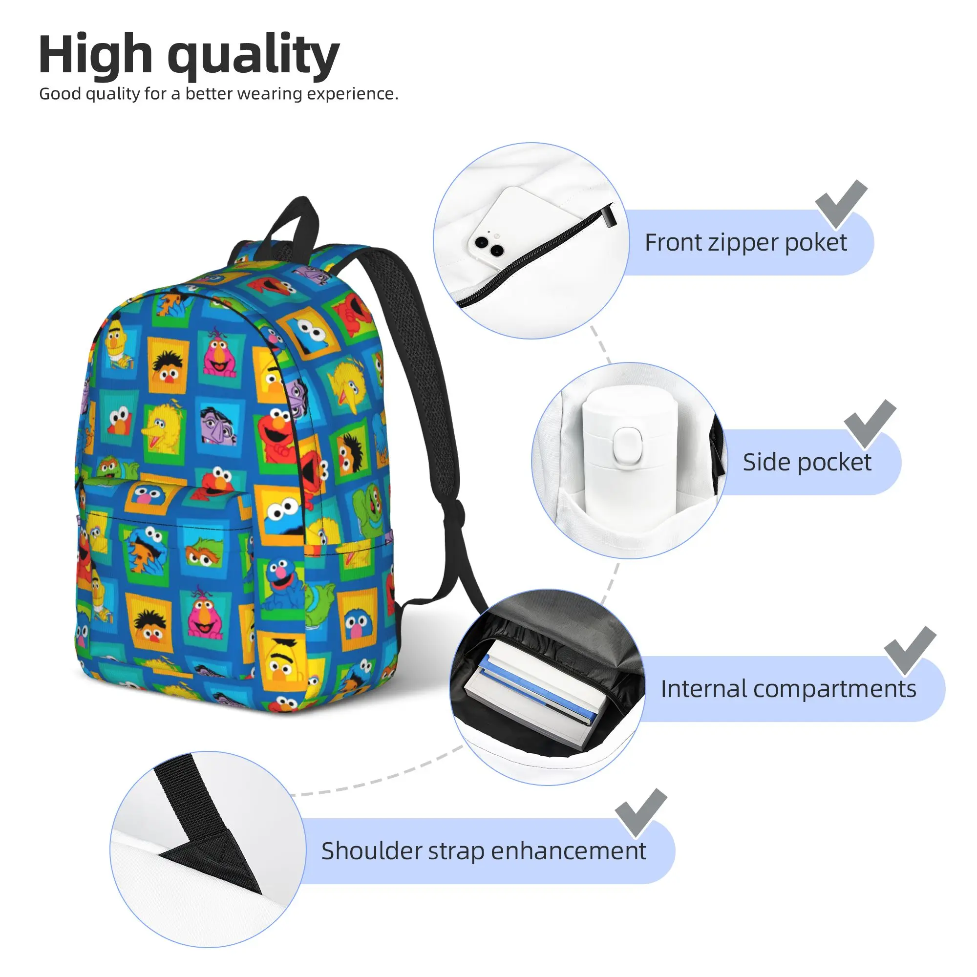 Sesames Streets Fashion Backpack Sports High School Work Cute Daypack for Men Women Laptop Computer Shoulder Bag - view 5