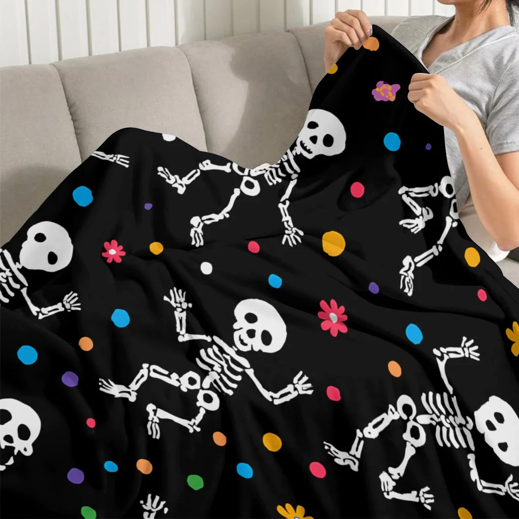 1pc Colorful Dots Skeleton Dance Flannel Blanket | Soft Warmth, Ideal for Camping, Travel, Car, Office, Home Decor, All-Season U