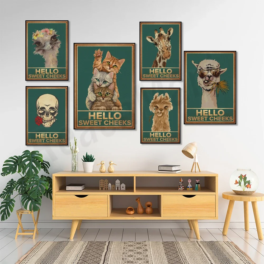 Giraffe, camel, skull, cat, donkey, llama, ostrich hello sweet cheeks poster, funny animal art print, quote design, fun poster
