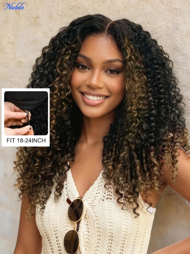 Nadula Bye Bye Knots Burmese Curly Human Hair Wig 7x5 Pre Cut Lace Glueless Wig with Finger Coils Chestnut Brown Colored Wig