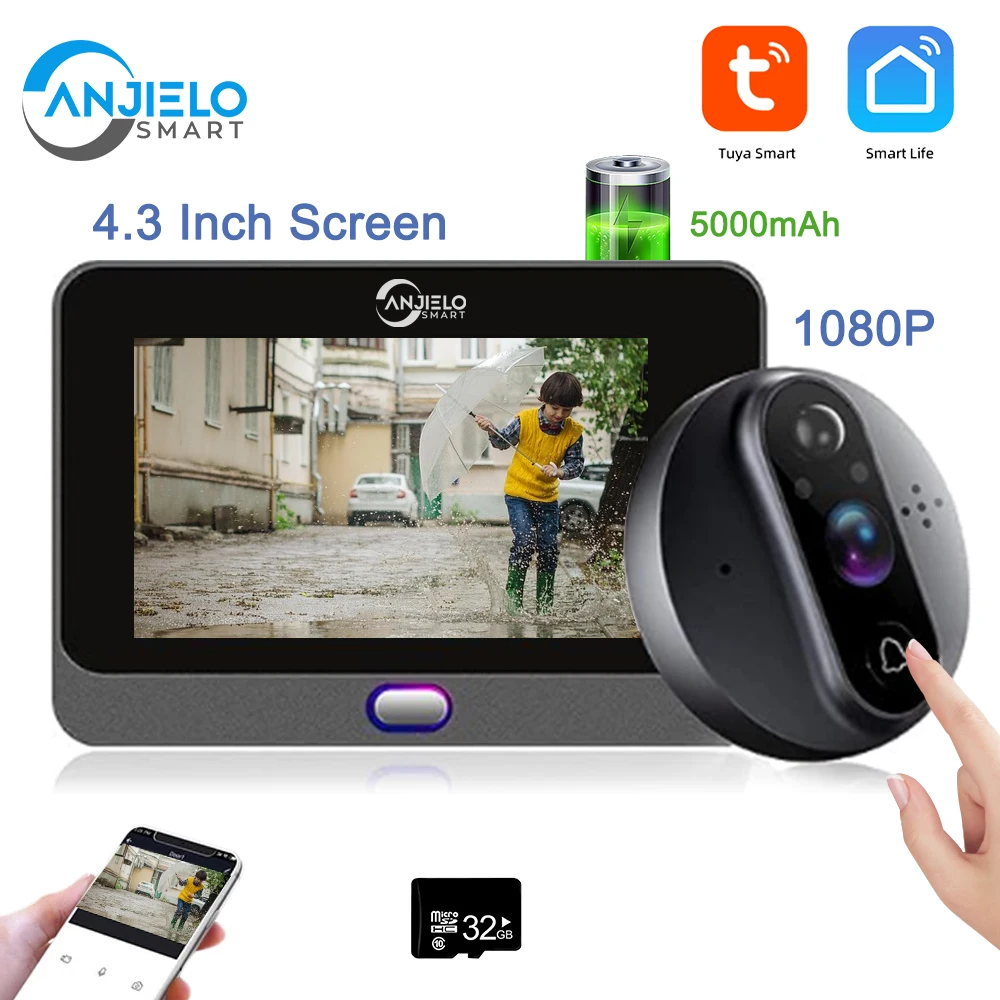 Wifi 2MP Digital Door Viewer 1080p Video Eye Peephole Camera 4.3-Inch Screen Doorbell Smart Life Tuya Video Intercom for Home