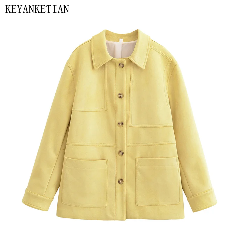 

KEYANKETIAN Autumn And Winter New Women's Clothing Lapel Splicing Single Breasted Pocket Decoration Suede Jacket Women Coat
