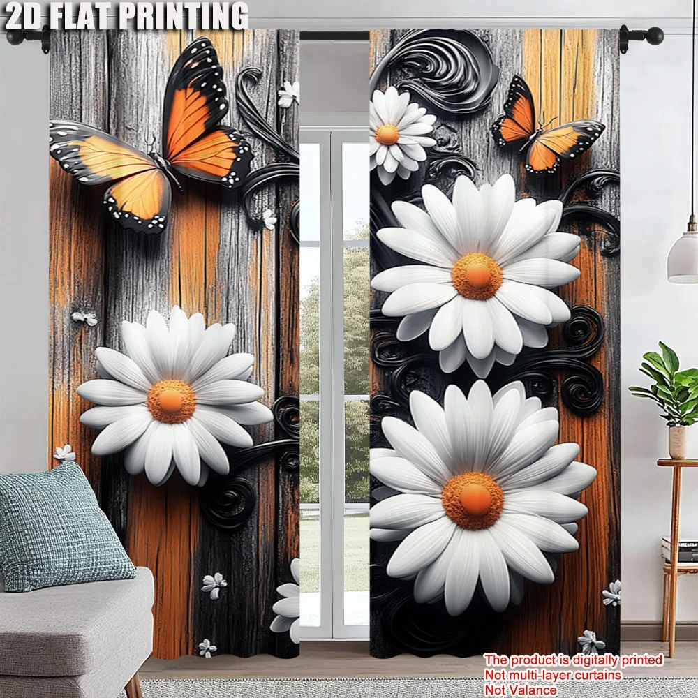 

2Pcs Daisies Butterflies Curtains Rod Hole Polyester Window Treatments For Living Room Bedroom Kitchen Modern Home Decor