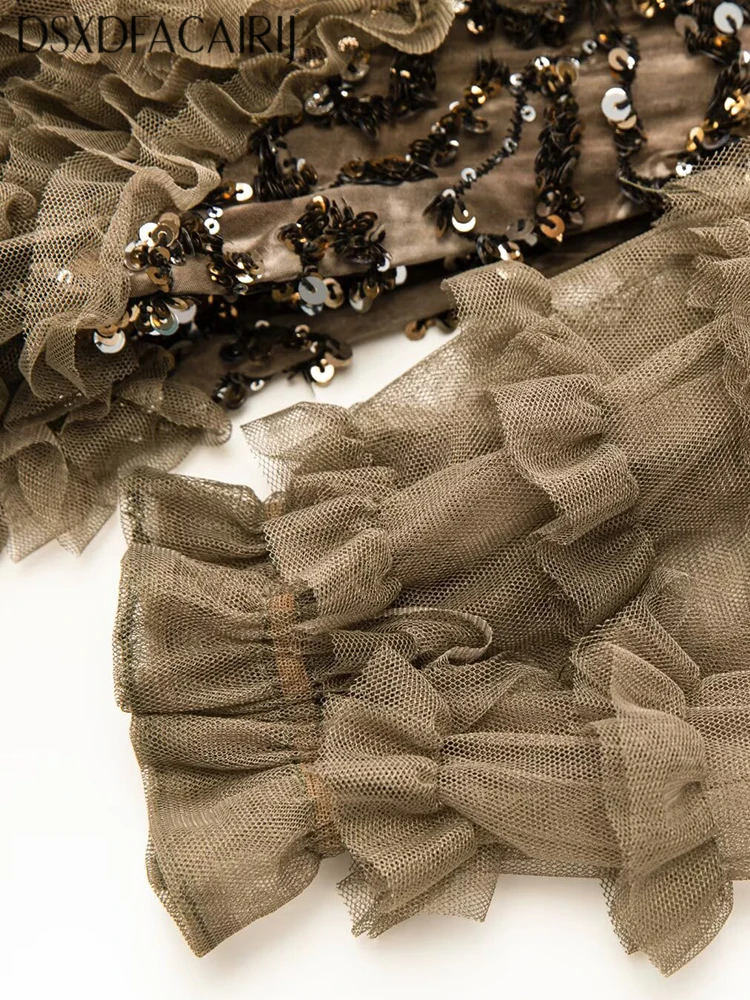 DSXDFACAIRIJ المرأة الترتر التطريز المرقعة فستان شبكي س الرقبة فانوس كم الكشكشة خمر ماكسي الخريف الإناث