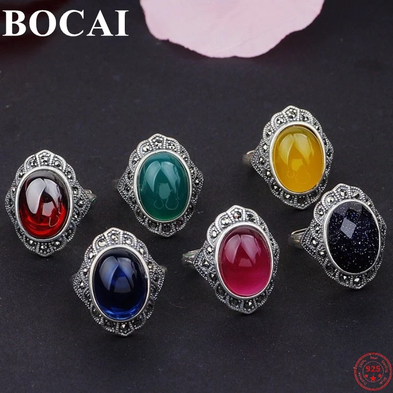 

BOCAI 100% S925 Sterling Silver Rings Garnet Chalcedony Blue Corumdum Green Agate Pure Argentum Oval Gemstone Ornament for Women