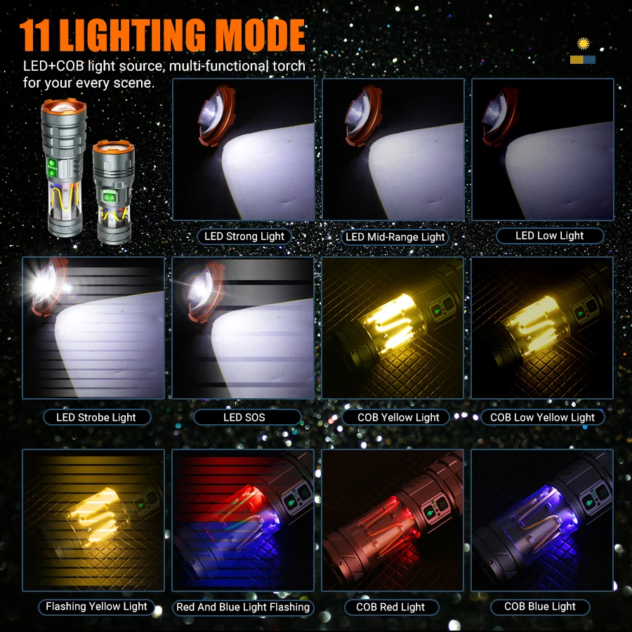 Portable Rechargeable Flashlight,Dual Source Strong LED Telescopic Zoom Lamp,Outdoor Camping Bright Torch With Hook 11 Patterns