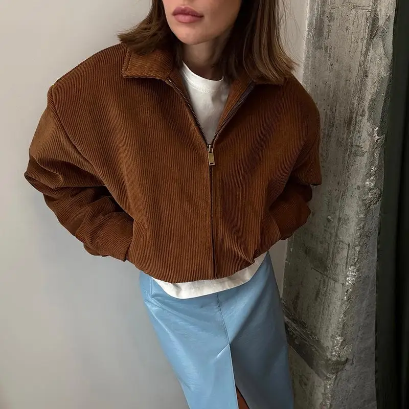 

Pure Color Turn-down Collar Jaet Women's Simple Trendy Corduroy Zipper Coat Street Sle Loose Fit PU Material for Middle-aged