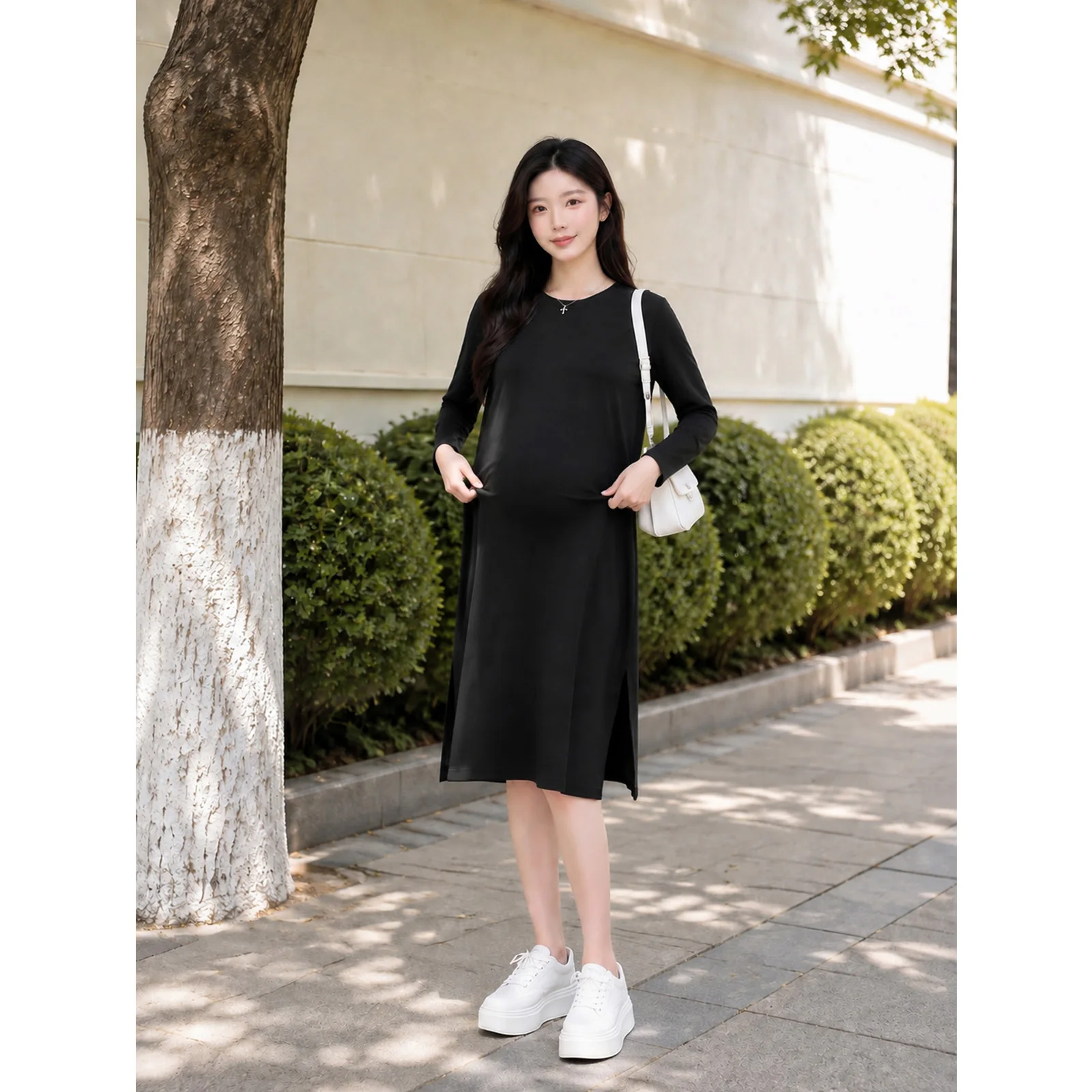 Autumn Maternity Black Dress Long Sleeve O-neck Side Split Elegant Pregnant Woman Mini Dress Stretched Pregnancy Inner Dress