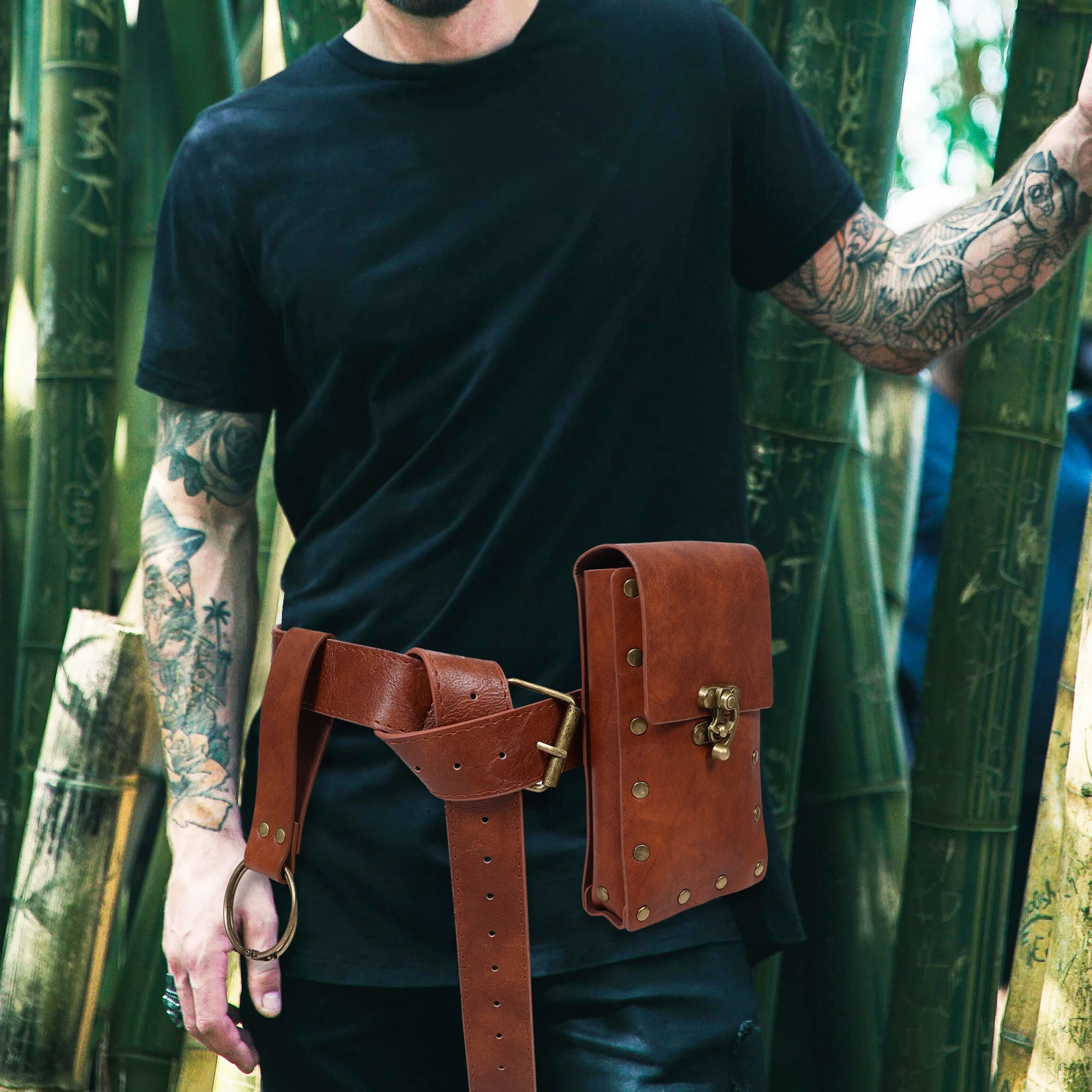 

Renaissance Sword Belt Embossed Medieval Cosplay Stage Accessories Brown Adjustable Loop Dance Belt Men Pouch Bag Bracers Viking