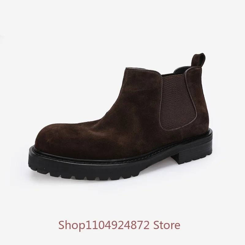 Genuine Leather Men Cow Suede Chelsea Boots Retro Casual Business Thick Sole Platform Ankle Boots Male Non‑Slip Office Outdoor