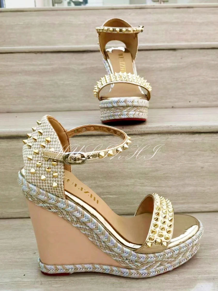 Women Bling Gold Stud Wedge Sandals Espadarille Metallic Hollow Buckle Design Shoes Open Office Bordered Luxury Gladiator Summer