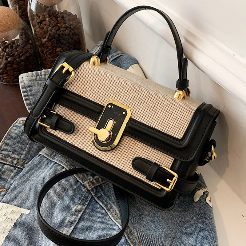 

Fashion Small Square Bag Canvas Pu Leather Patchwork Women Handbags Panelled Summer Beach Shoulder Crossbody Bag Flap Purses