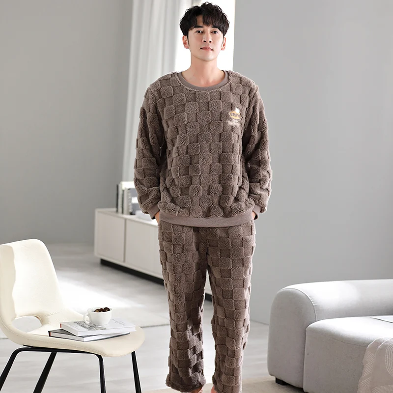 Pajamas men's winter flannel pullover comfortable and warm casual coral velvet home wear men's set