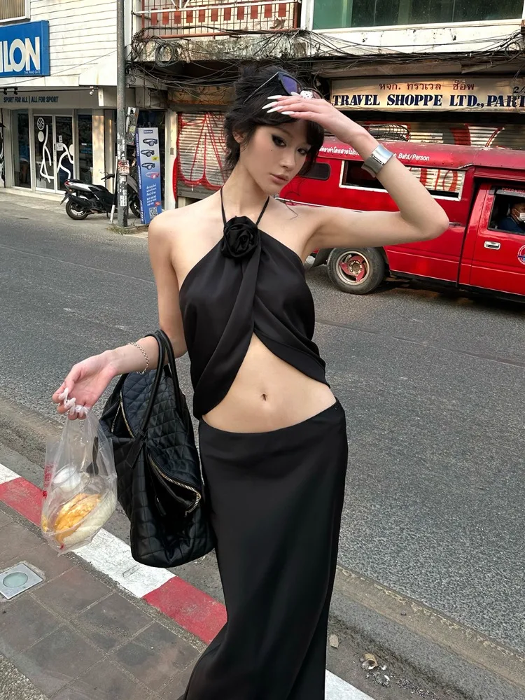 ADAgirl Sexy Black Flower Halter Backless Crop Top High Waist Slim Split Long Skirt Ladies Two Piece Sets Womens Outifits Summer