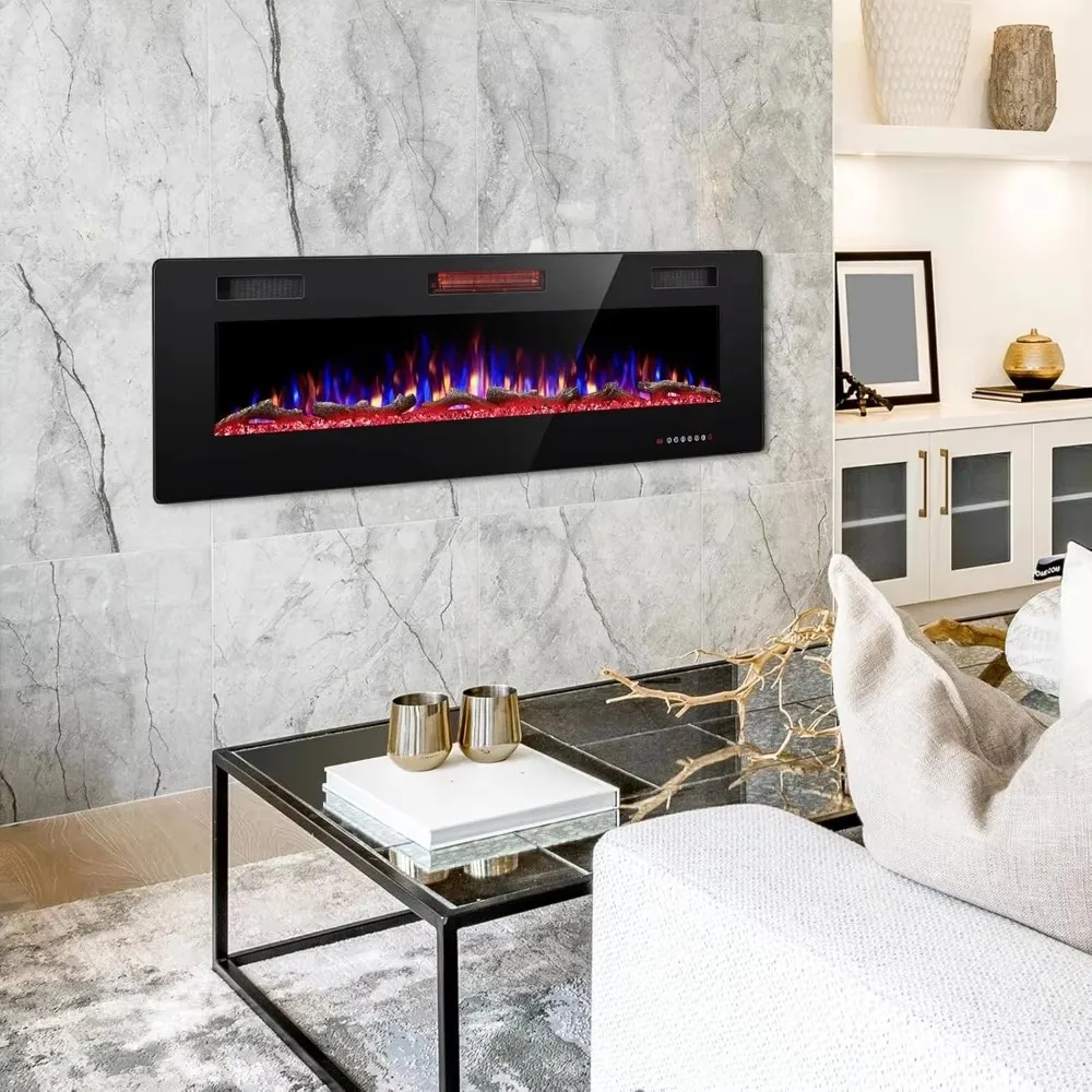 Recessed and Wall Mounted Electric Fireplace, Low Noise, Remote Control with Timer Touch Screen Adjustable Flame Color and Speed