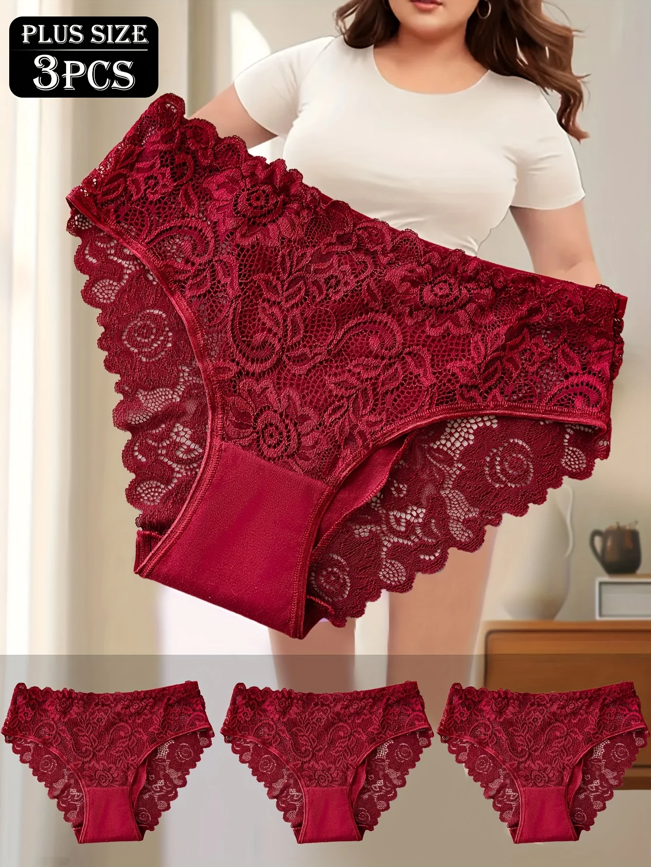 3-Pack Plus-Size Women's Underwear, Comfortable and Breathable, Featuring Elegant Lace Trim for Understated Sophistication.