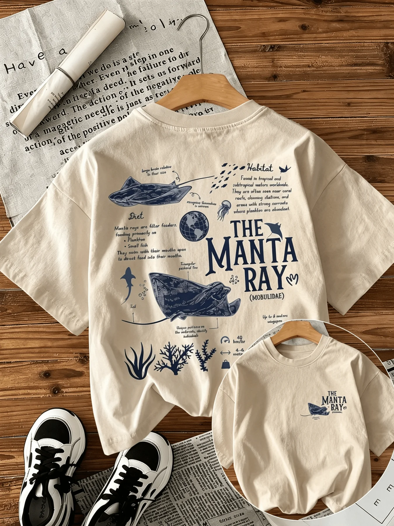 Manta-Rochen-Meerbiologie-Wissenschaftsbildungs-Print Damen Kurzarm-T-Shirt Sommer Neu Rundhals Locker Lässiges Oberteil – Detail 4
