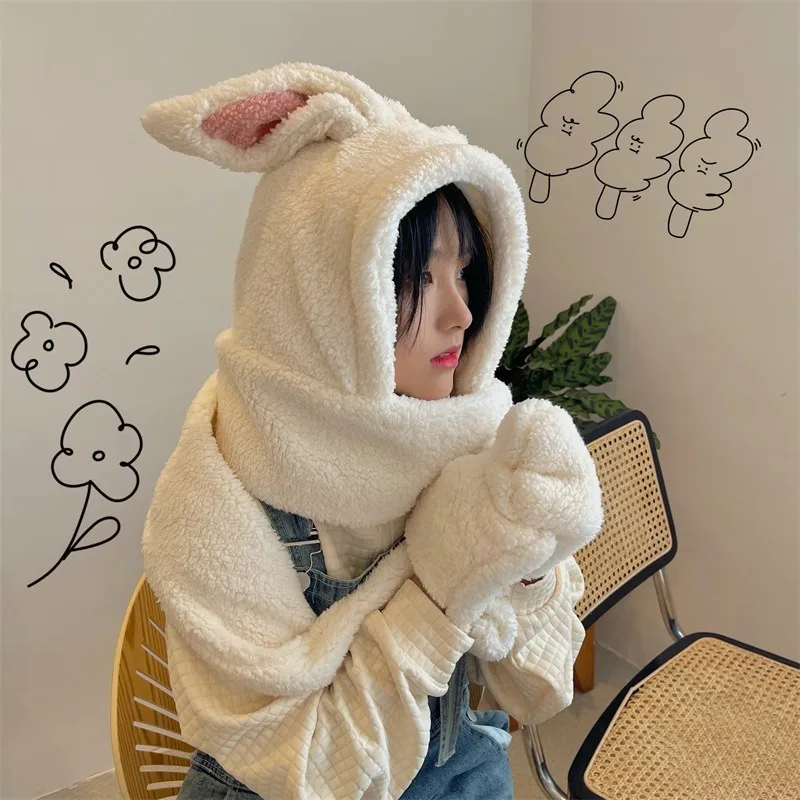 Cute Hat and Scarf Hoodie Winter Scarf Oversized Bunny Ears Hat Set Scarves Female Scarf Gloves Warm Costume Bunny Ear Hat