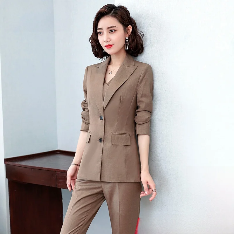 Khaki Color Professional Long Sleeve Women's Suiting Vest Set Three Pieces Interview Elegant Workwear Fashionable Street Style
