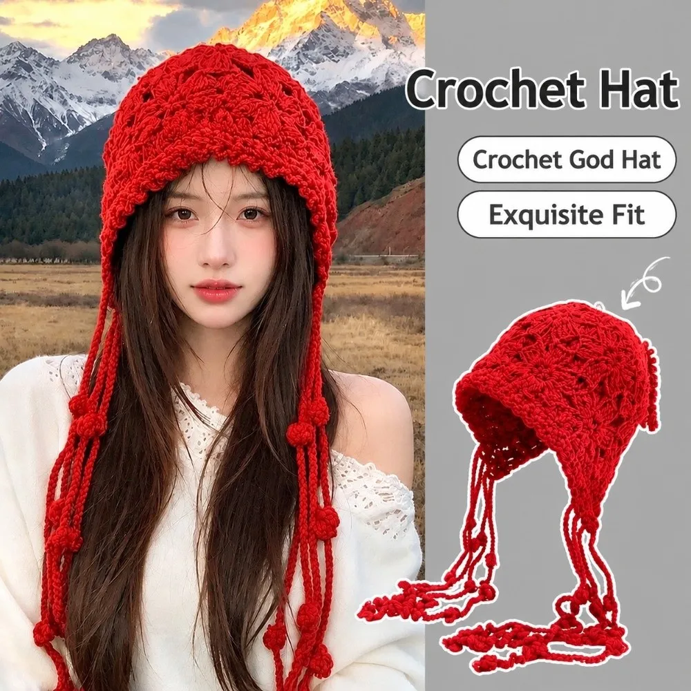 Nouveau bonnet en tricot et crochet à motif floral avec pompons, protège-oreilles, bonnet en maille, bonnet tressé ajouré, turban, pour l'extérieur