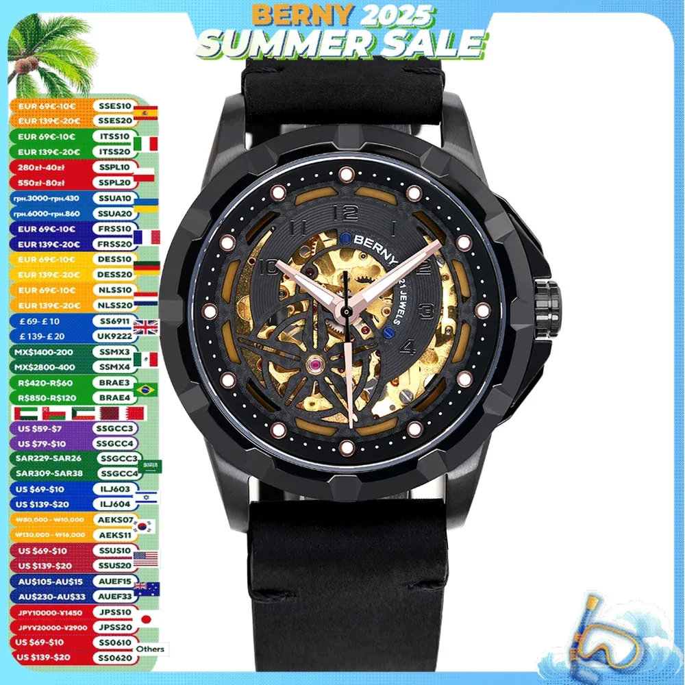 

BERNY Мужские автоматические часы с автоподзаводом BERNY 8N24 Механические часы со скелетом Роскошные светящиеся водонепроницаемые наручные часы в стиле стимпанк