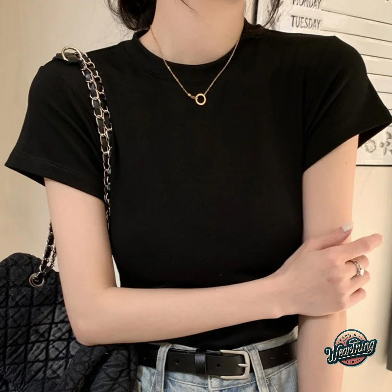 

Women T-shirt Fashion Casual Top Solid Color Round Neck Straight Shoulders Short Sleeve T-shirts