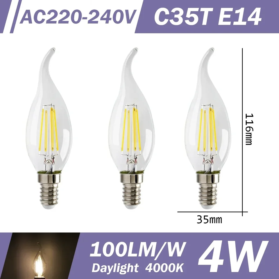 3pcs Retro Led Light Bulb E27 B22 E14 C35 A60 ST64 AC220-240V Edison Filament Bulb Vintage Warm Glass Lamp Lighting Indoor Light, image 24