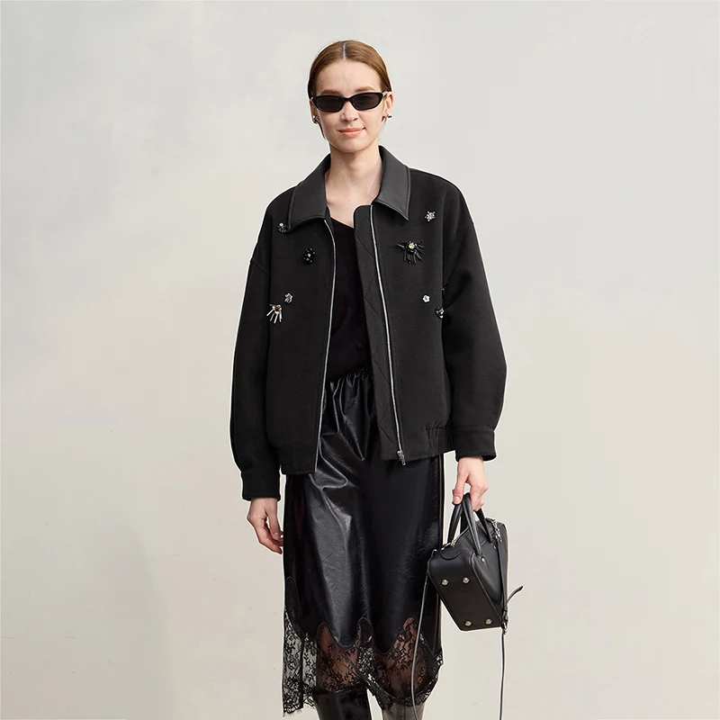 AMII chaqueta de mujer 2025 invierno nuevo suelto medio y largo PU cuero Top solapa femenina cálido versátil abrigo de lana mujer 12554053