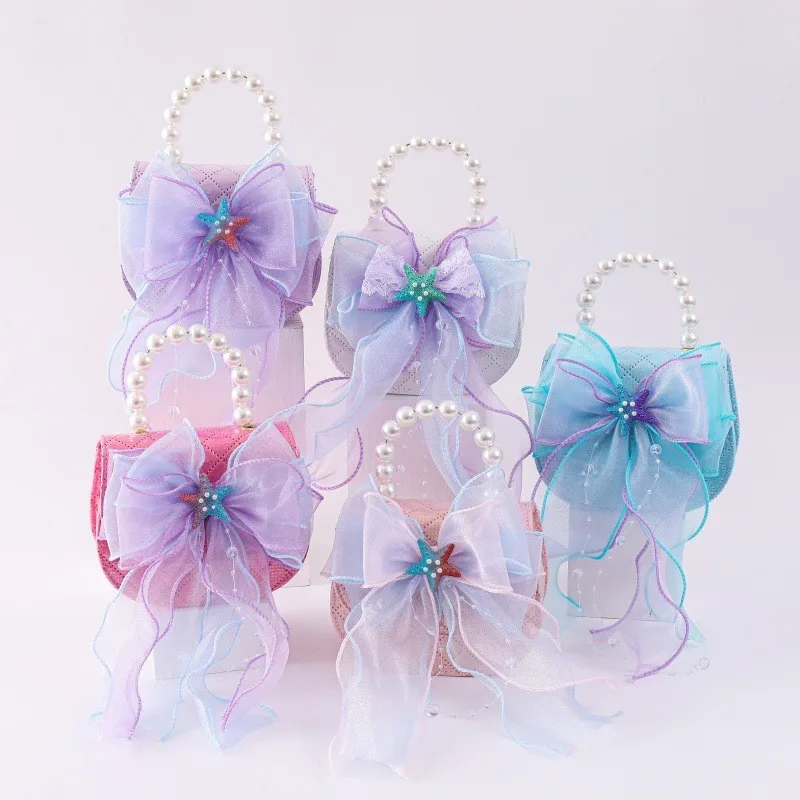 Cute Girls Handbag Pearl Handle Organza Big Bow Starfish Decor Children Mini Crossbody Bag Birthday Gift