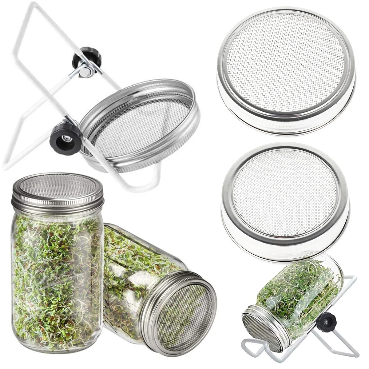 Seed Sprouter Germination Cover Sprouting Mason Jars With Stainless Steel Strainer Screen Lids Germinator Stand Planting Tools