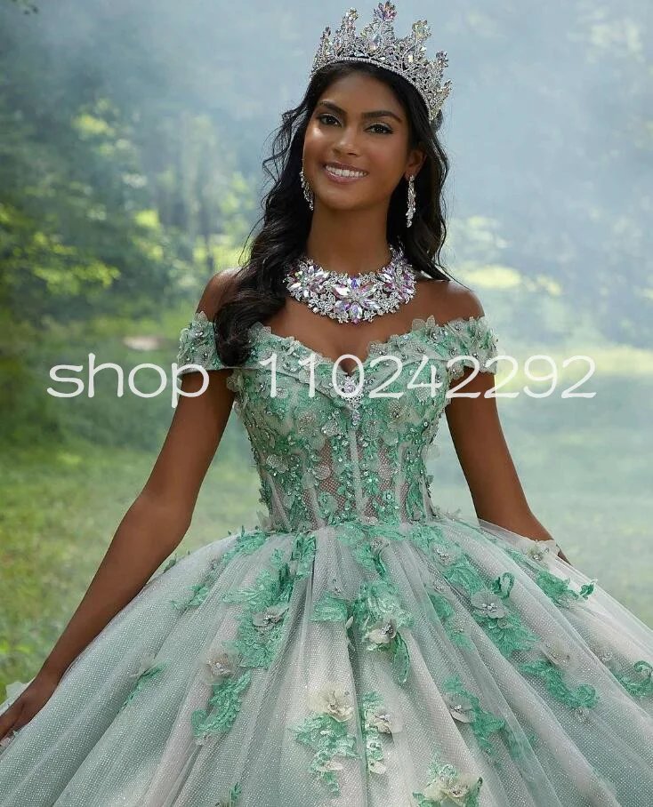 Fruit Green Princess Quinceanera Dresses off shoulder 3D floral gillter skirt vestidos de 15 quinceañera sweet 16 gown