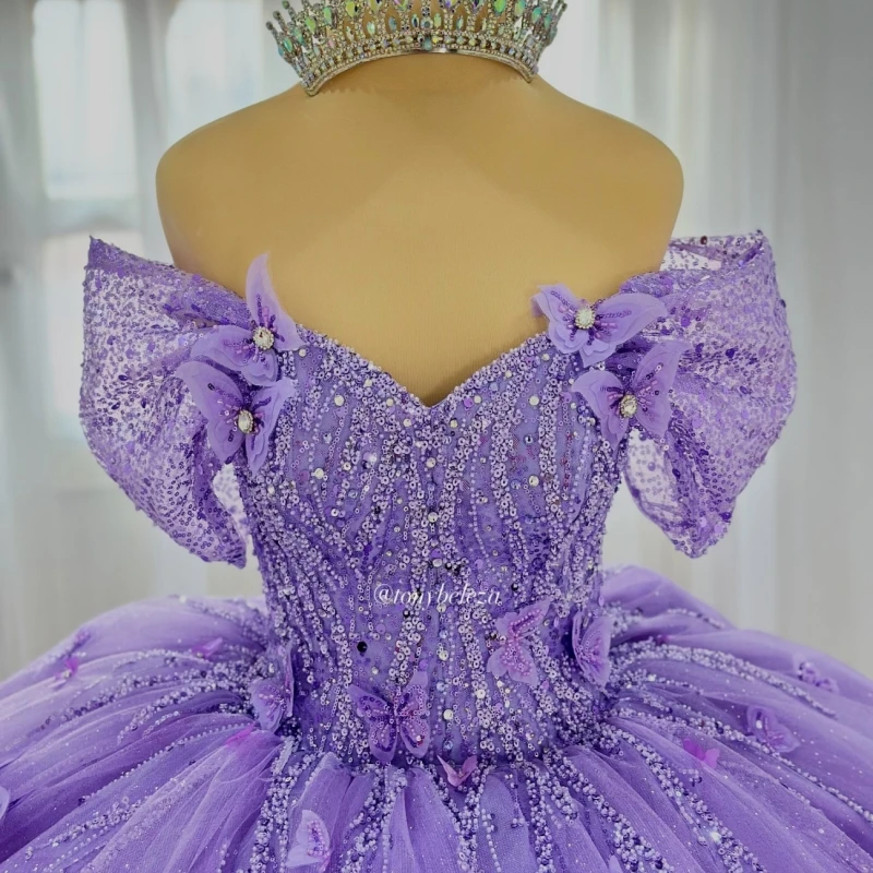 라벤더 샤이니 킨세아녜라 드레스 볼 가운 오프숄더 비딩 크리스탈 보우 튤 코르셋 파티 생일 스위트 16 드레스 베스트
