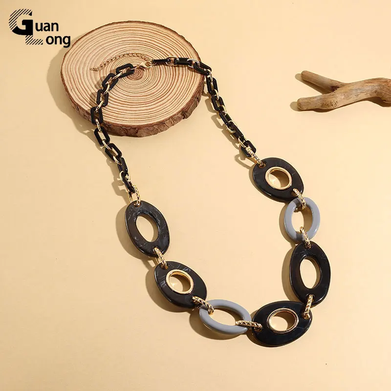 GuanLong Trendy Large Colorful Resin Chain Necklace For Women Long Round Exaggerated Necklace Female Bohemia Accessories Vintage