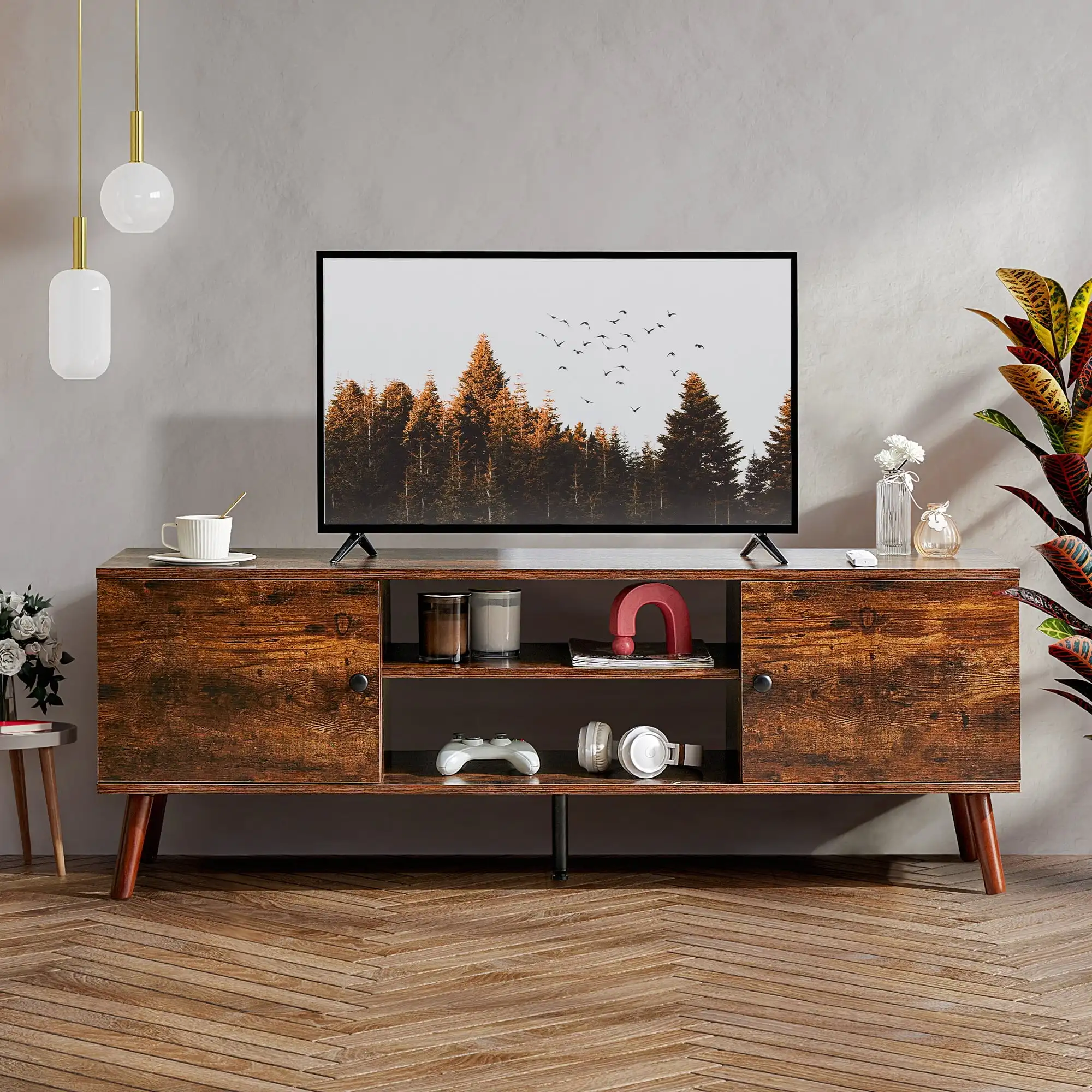 

Mid-Century Modern Wooden TV Stand for 55-60” TVs, 2 Storage Cabinets, Adjustable Shelf, Cable Management, Sturdy Legs