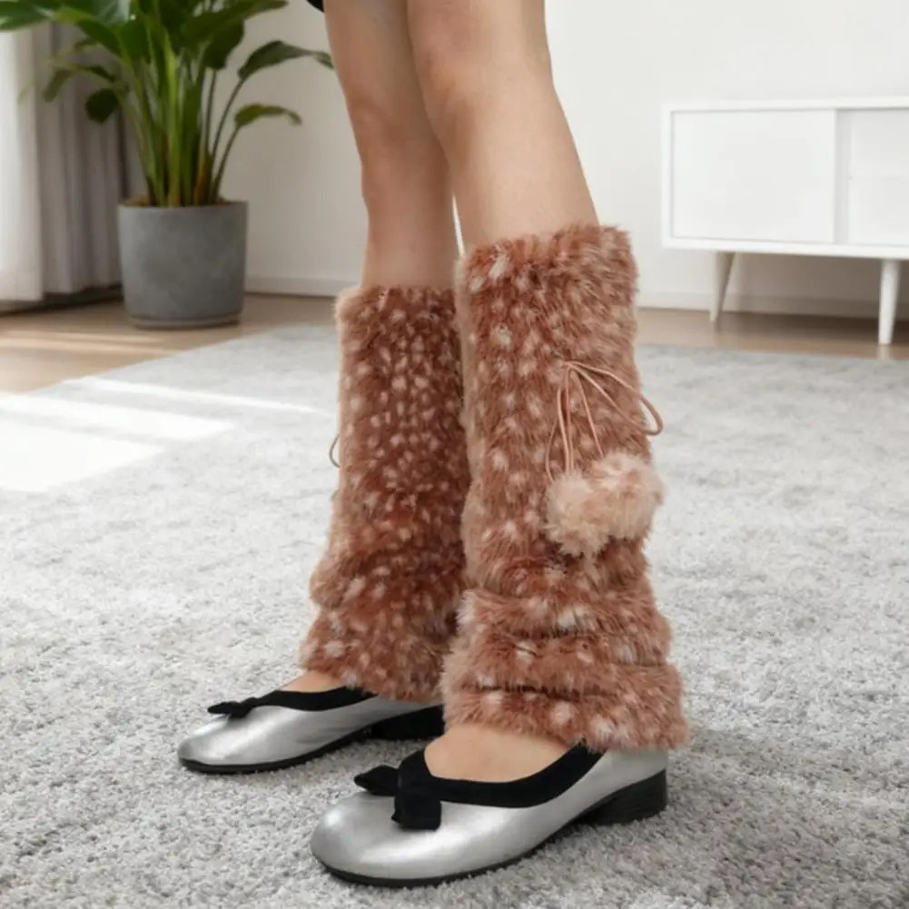 Brown Deer Pattern Artificial Fur Leg Warmers Warm Fur Fluffy Legs Warmth with Bow Tie and Fur Ball, for Women’s