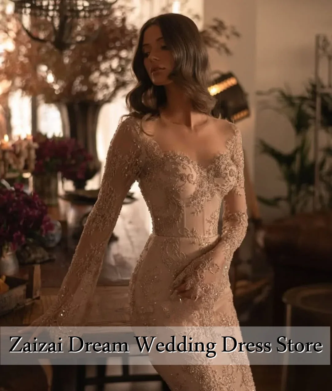 تخصيص خمر الدانتيل الشمبانيا حورية البحر فساتين الزفاف للنساء شير طويلة الأكمام الديكور زي العرائس Vestidos De Novia