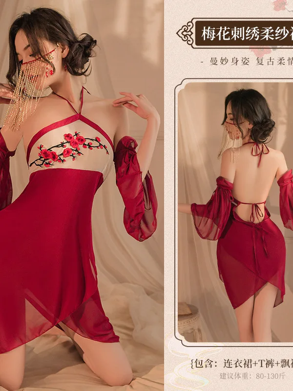 Lingerie New Sexy National Style trasparente maturo fascino delicato appeso collo Plum Blossom ricamo pancia tasca vestito K45X