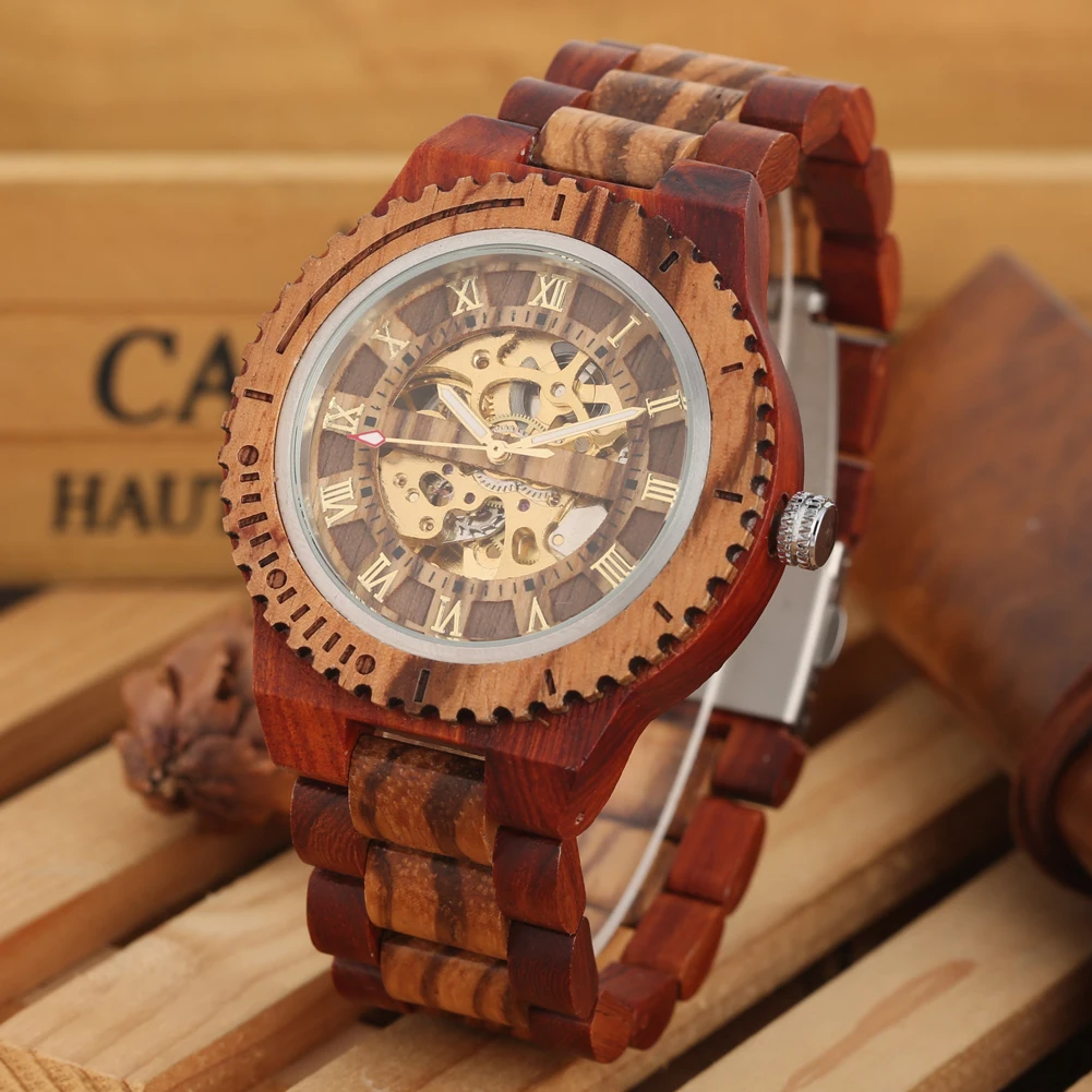 Classic Roman Numerals Dial Full Wooden Automatic Mechanical Watch for Men Vintage Wood Bracelet Watch Band Men's Wristwatches