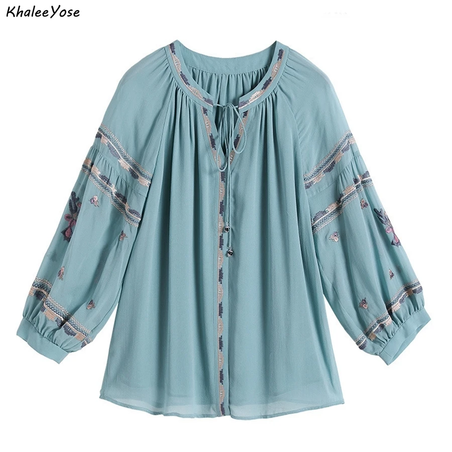 KHALEE YOSE Blue Floral Embroidery Blouses Shirt Vintage Boho Spring Autumn Mexican Shirt  Women Lace Tie Up 2xl Ethnic Shirt