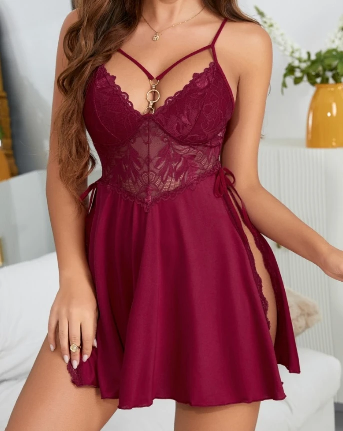 

Women's Dress Home Nightgown V Neck Contrast Lace Sheer Mesh Babydolls Slit Sexy Spaghetti Strap Buckle Design Sleep Dress