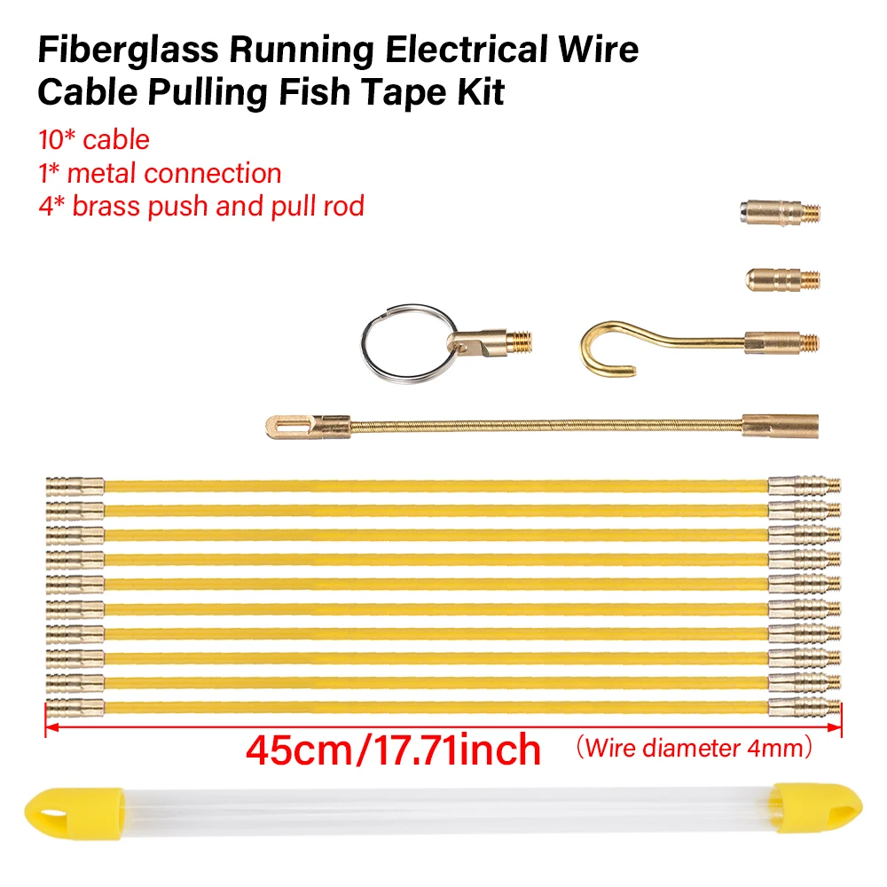 10Pcs 33/45CM Fish Tape Fiberglass Wire Cable Push Puller Running Rods Fish Pulling Kit Wall Electrical Wires With Hook Rod Tool