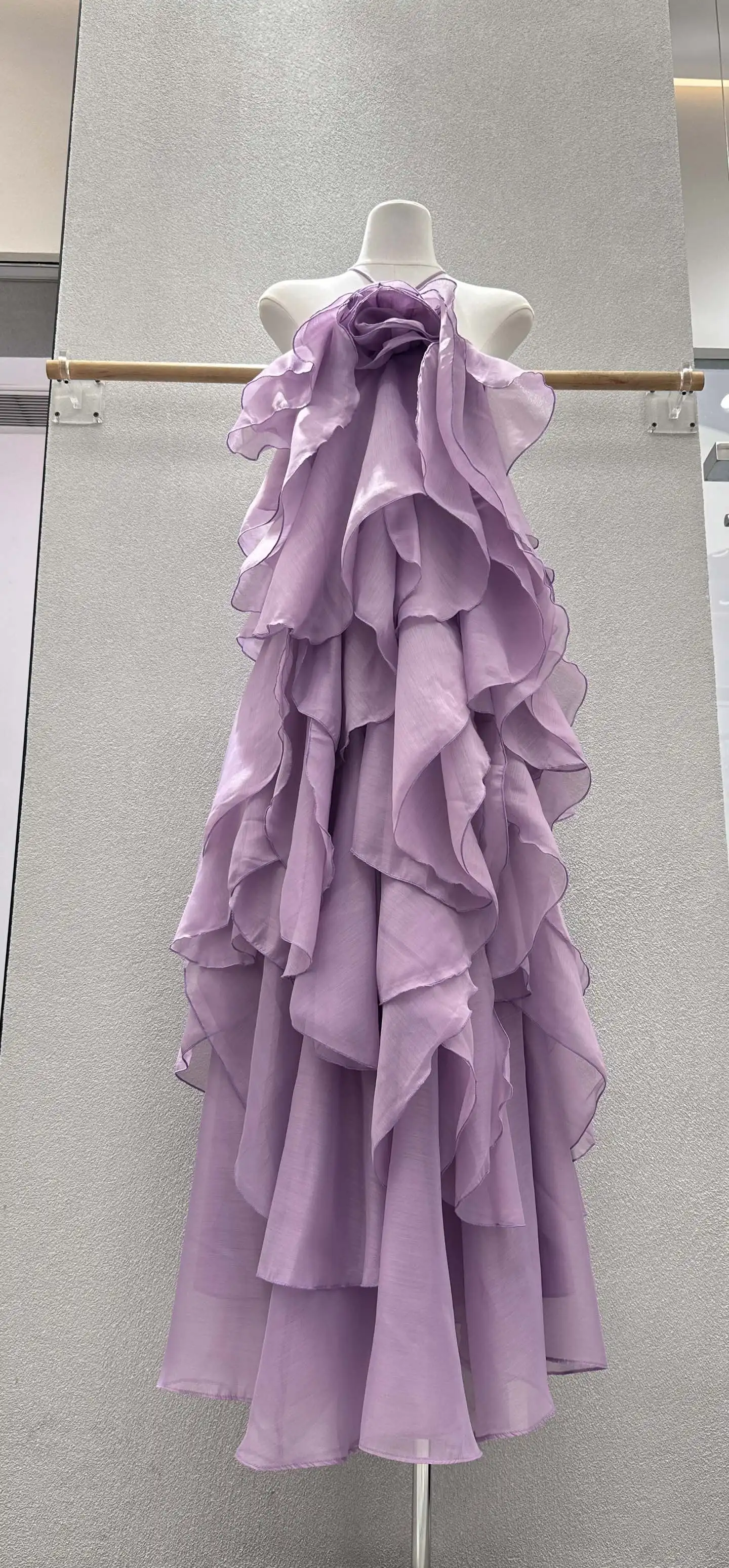 Feminino roxo em camadas maxi vestido 3d flor decoração halter pescoço sem mangas elegante senhoras robe