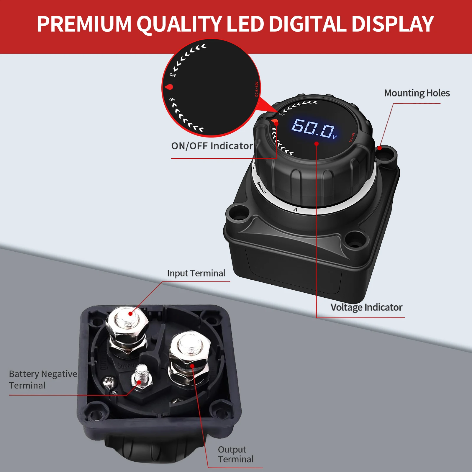 Upgrade Battery Disconnect Switch with Voltmeter, DC 5-60V Master Isolator Cut/Shut Off Switch for Marine Boat Car Truck Camper