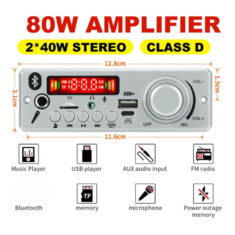 1 zestaw Bluetooth MP3 WAV zestaw płyta dekodera 80W wzmacniacz głośnomówiący samochodowy sprzęt Audio mikrofon USB TF FM Radio Mp3 odtwarzacz DC 12V