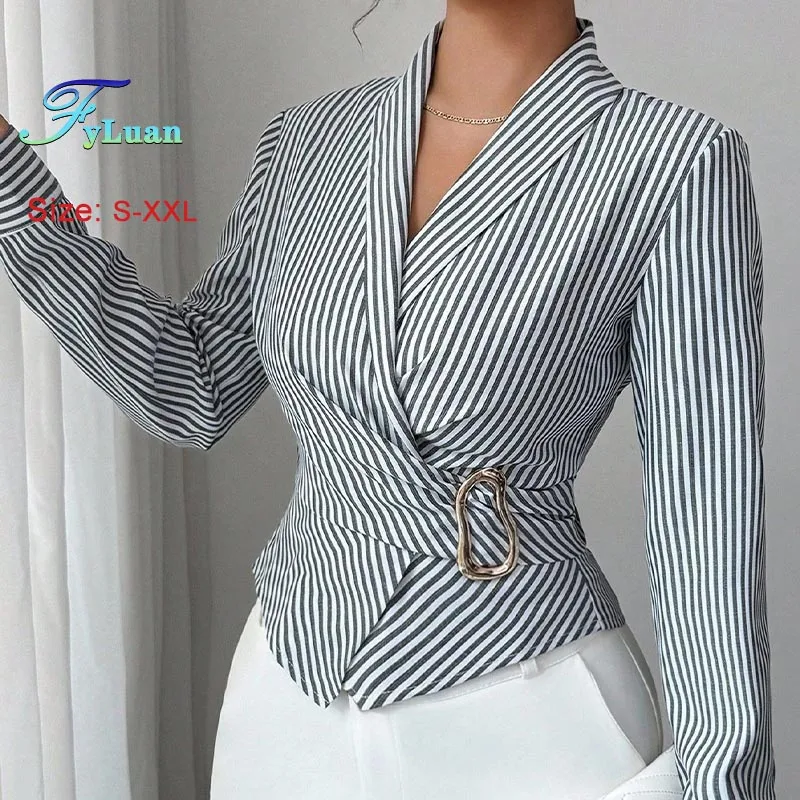 

Elegant Women Tops Fashion Striped V Neck Shirt Irregular Metal Waist-Cinching Blouse Commuting Versatile Lady Long Sleeve Tops