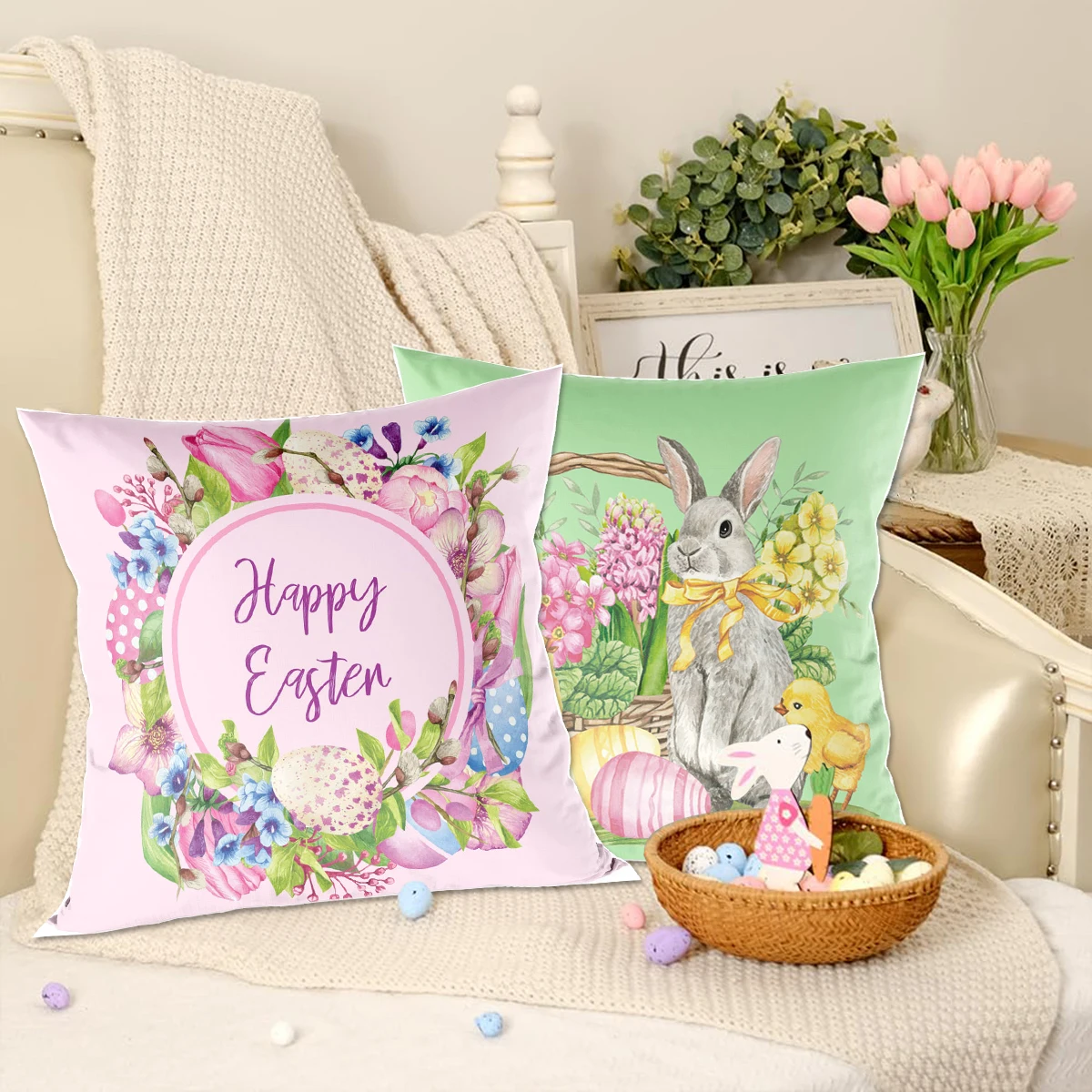 

Easter Theme Cushion Cover Farmhouse Bunny Eggs Pillow Cover For Home Decor Easter Sofa Cushion Cover Birthday Party Decoration