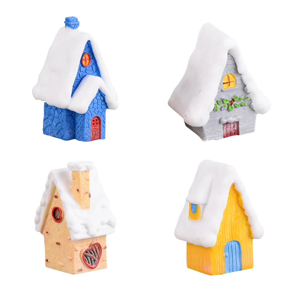 4 PCS Resin Ornament Mini House Small Snow DIY Micro Landscape Crafts Christmas Decorations