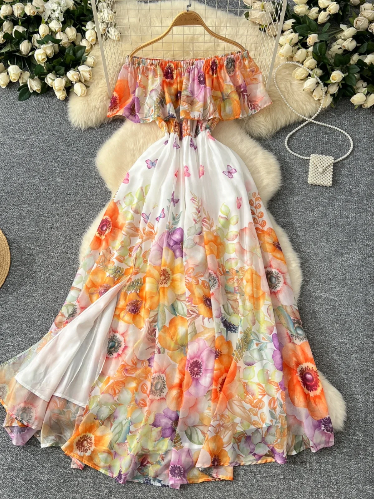 Ofallsis Off Shoulder Sexy Vacation One Shoulder Lotus Leaf Edge Dress 2024 New Splicing Long Large Swing Printed Chiffon Dress