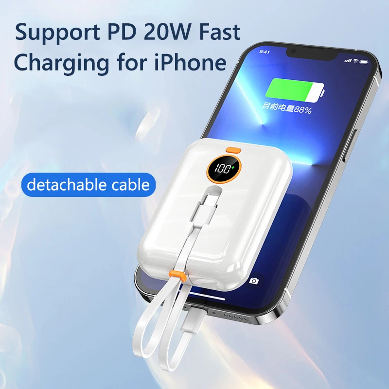 PD20W Fast Charging mini Power Bank 20000mAh with USB-C Cable Portable Charger Powerbank for iPhone 17 Xiaomi Samsung Huawei